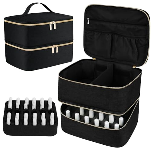 LOPHE Kosmetiktasche, Doppellagige Tragbare Reise Schminktasche Damen, Nagellack Organizer mit Fächern für 30 Flaschen und Nagellampe, Make Up Kosmetikkoffer Tasche mit Nagellack Aufbewahrung(Schwarz)