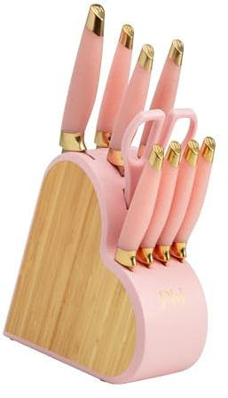 Set de Cuchillos Paris Hilton en Bloque de Bambú, 10 Piezas con Mangos Rosados y Cuchillas Doradas, Ideal para Regalo