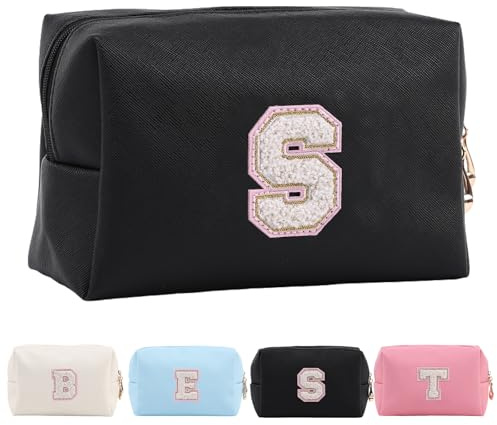 Personalisierte Make-up Tasche für Frauen,A-Z Initialen wasserfeste Reise Kosmetiktasche aus Leder,Geburtstagsgeschenk für Frauen und Mädchen,Kosmetiktasche für Braut und Brautjungfer