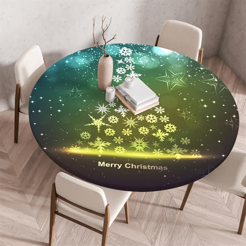 Chickwin Weihnachten Elastische Tischdecke Rund Outdoor Fleckschutz Abwischbar Schneeflocke Muster Wasserdicht Anti-Rutsch Round Gartentischdecke für Küche Camping Picknick (80cm,Grün)