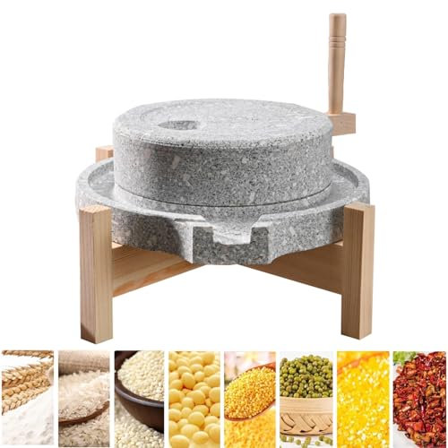 Paste Mill,Hand Stone Mill, Handmade Stone Mill 25 X 35 cm Dry Wet Stone Mill Grinder for Grains, Spices Wheat Flour Powder Pulverizer with Wooden Frame