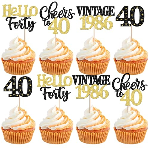 Xsstarmi 24 Pack 40th Birthday Cupcake Toppers Black Gold Glitter 40 Hello Forty Vintage 1986 Cupcake Picks Cheers to 40 Cake Decorations for 40 Fabulous Happy 40th Birrthday Party Supplies