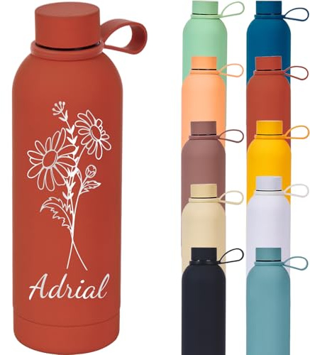 Personalisierte Wasserflasche – Edelstahl-Wasserflasche mit Namen, doppelwandige Vakuumflasche mit Griff, für Damen und Herren, Schule, Radfahren, Fitnessstudio, Sport, personalisierbar