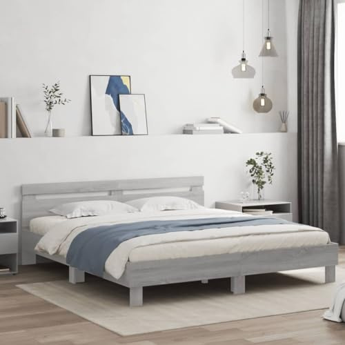 KTHLBRH Bettgestell Familienbett Doppelbett Schlafzimmer möbel Bettgestell mit Kopfteil und LED-Beleuchtung Grau Sonoma