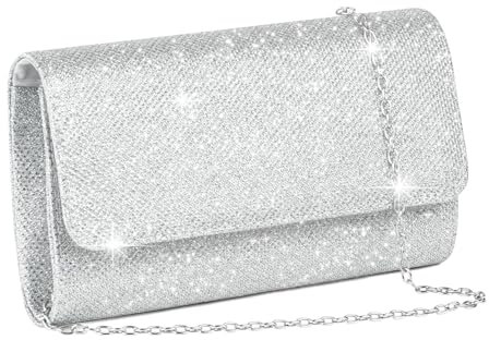 YEWCEP Clutch Silber Glitzer, Elegante Abendtasche Silber für Damen, Handtasche mit Kette, 20 x 10 x 5 cm, Perfekt für Party Hochzeit Date