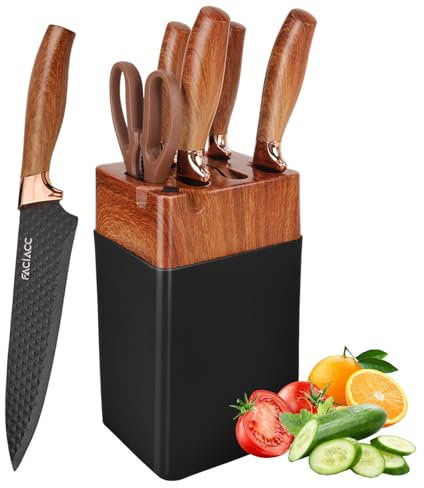 FACIACC 7 Pcs Kitchen Knife Set with Block Sharp Stainless Steel Chef Knives Professional Kitchen Knife with Chefs, Slicing, Bread, Utility, Peel Knife and Scissors for Cutting, Chopping, Slicing