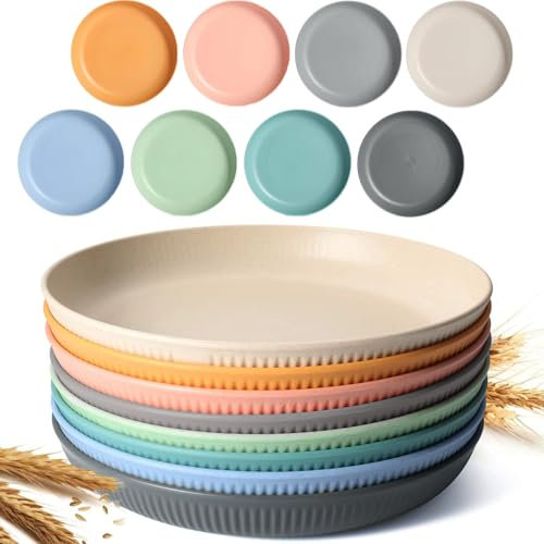 Set di 8 piatti piani infrangibili, riutilizzabili, profondi 22,9 cm, in plastica infrangibile, per bambini e adulti, lavabili in lavastoviglie, per cucina, 8 colori