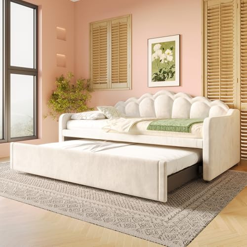 Merax Schlafsofa Tagesbett 90×200 cm (ausziehbar auf 180×200 cm) mit farbwechselndem LED-Streifen, Ausziehbett mit Lattenrost, Samt Bettrahmen ohne Matratze, Beige