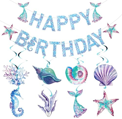 Cartel de feliz cumpleaños, juegos de decoraciones temáticas de fiesta de sirena con pancarta colgante, cinta de seda, suministros de fiesta de sirena, letrero de feliz cumpleaños para niñas, baby