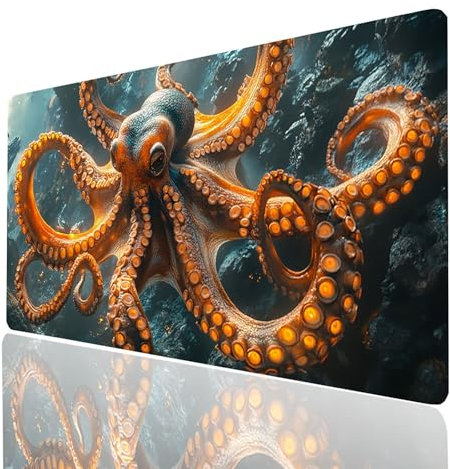 Tapis de Souris xxl 1400x600x3mm Pieuvre Desk Mat AnimalTapis de Bureau Gaming Bords Cousus Design Durable et Imperméable avec Base en Caoutchouc Antidérapante pour Souris Sans Fil Clavier Model-04609