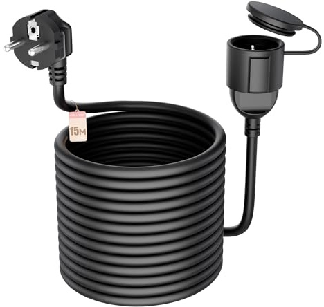 LIPWEL Schwarzes IP44 Verlängerungskabel 15m mit Schuko-Steckdose – wasserdicht, schlagfest – für Baustelle/Garten