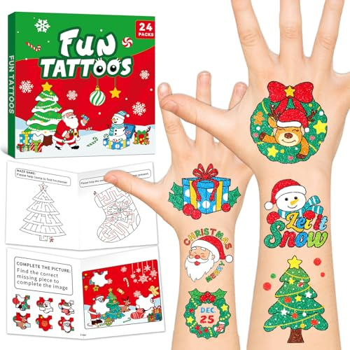 Leesgel Tatuajes de purpurina para niños, calendario de adviento de 24 días con 24 hojas de tatuajes con purpurina y juegos, actividades navideñas y regalos de fiesta