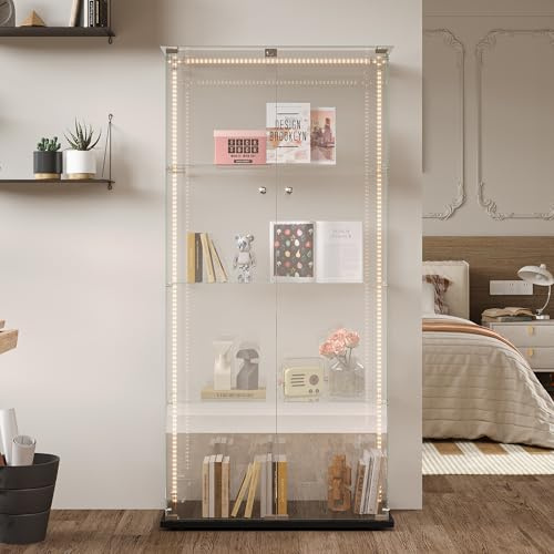 YLSZHY Vitrine aus Glas mit 2 Türen und LED-Lichtstreifen, abschließbare Sammlervitrine mit 4 Ebenen, unabhängiges Bücherregal für Wohnzimmer Schlafzimmer (4 Ebenen, 2 Türen, LED-B, schwarz)