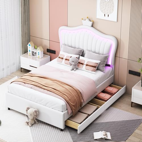 Merax Kinderbett Polsterbett 90 x 200 cm, Weißes Kronen-Mädchen-Einzelbett mit PU-Leder, LED-Lichtleisten, Stauraumschubladen, Lattenrost und Rückenlehne (Ohne Matratze)