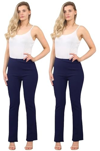 Ladies Bootleg Stretch Trousers (Pack of 2) – Ribbed Elasticated Waist Pull On Work Pants – Black, Navy, Grey Bottom – Plus Size 8-26 – Nurse, Carer, Casual Bootcut Women’s Trousers UK