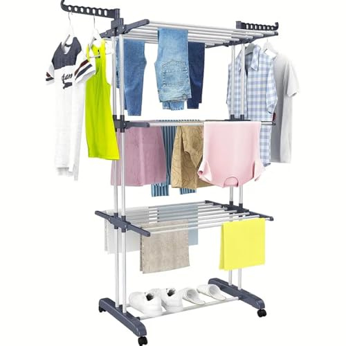 BEOSIOR Clothes Airer, 4-Tier Foldable Large Clothes Drying Rack, Adjustable Stainless Steel Clothes Horse with Wheels and Foldable Wings, Drying Rack Laundry for Indoor/Outdoor