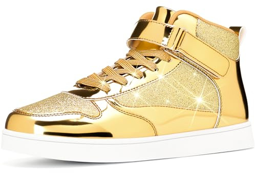 APTESOL Unisex High Top Mode sneakers med spegelmetallutseende och glitterdetaljer – justerbart kardborreband, glänsande fritid och festskor för män och kvinnor, Guld, 41 EU