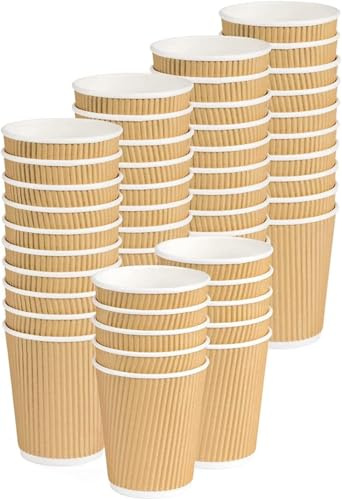 ECOVELO Gobelets en papier ondulé coupe jetable triple couche double paroi isolante Havane Beige – recyclables PE à emporter restauration pour café long, thé, Cappuccino, Cocktail, tisane, vin (350 ml