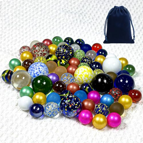 Lot de 70 billes de verre (25 mm x 10 cm, multicolore, 16 mm x 40 cm, avec motifs, 16 mm x 20, transparent, sans motif), sacs de rangement pour boules de verre, billes colorées