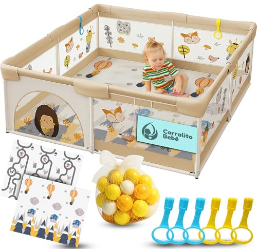 Parque Infantil Bebe 120x120cm + Alfombra Bebe + 60 Bolas + Agarraderas + Bolsas de Transporte – Corralito Bebe con Malla Transpirable – Parque de Juegos Bebe – Playpen Bebe