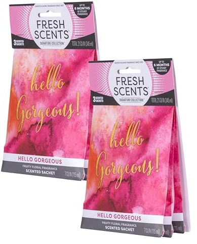 Fresh Scents Scented Sachets | Hello Gorgeous | Home Fragrance | Long Lasting (Up to 6 Months) | Air Freshener for Closets, Drawers, & Cars | 6 Pack