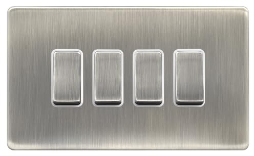 Evoges Terra 1/2/3/4 Gang 2 Way Light Switch, 10AX, Brushed Chrome with White Insert – Decorative Metal Plate (4 Gang)