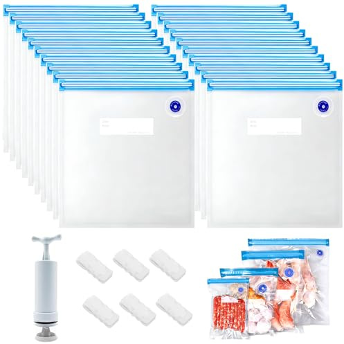 FuYelng 20 Stück Vakuumbeutel Lebensmittel Wiederverwendbar mit 6 Dichtungsklammern und Luftpumpe, 30 X 34 cm Gefrierbeutel mit Ventil Vakuumversiegelte Bags, für Sous Vide Lebensmittelaufbewahrung