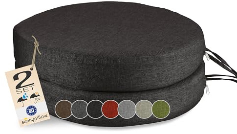 sunnypillow 2er Set Stuhlkissen Rund Ø 40 cm, wasserdicht UV-lichtecht, 7cm dick - Outdoor Polsterauflage mit Bändern - Auflage für Stühle,Bänke - Sitzkissen Stuhlauflage für Haus und Garten - Schwarz