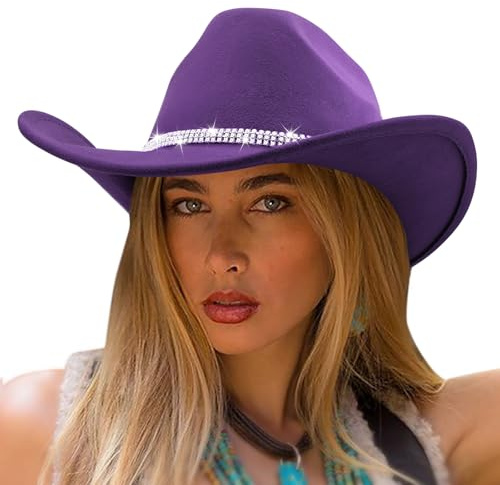 DRESHOW Western Cowboy Cowgirl Hut mit Glänzendem Strassband für Herren Damen Fedora Panamahut