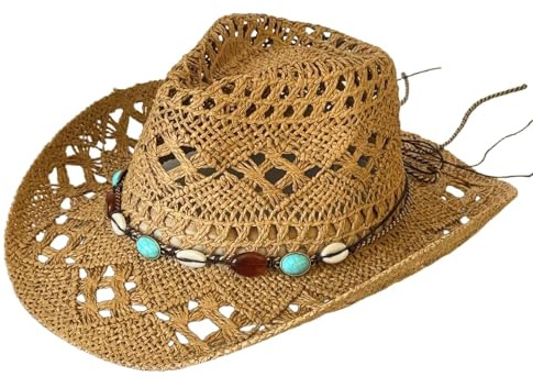 FeMereina Cowgirl Hats for Women Men Outdoor Summer Western Hat Wide Brim Straw Hat with Beaded Band