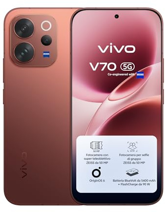 vivo V70 5G Smartphone 8GB RAM + 256GB, Fotocamera ZEISS 50MP con Super Teleobiettivo, Video 4K, Display OLED 6,59 1.5K, Batteria 5400mAh, Sblocco Impronta Digitale 3D, IP68/IP69, Android 16,NFC