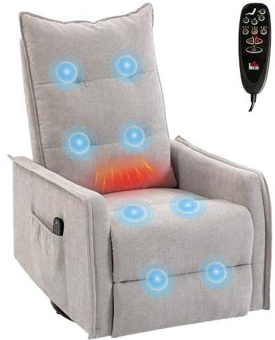 HOMCOM Poltrona Massaggiante Reclinabile Manuale 155° Girevole 360° e Riscaldante, Dondolo, 8 Punti di Massaggio, Poltrona Relax in Ciniglia, Poggiapiedi, Telecomando, Tasche Laterali, Grigio Chiaro