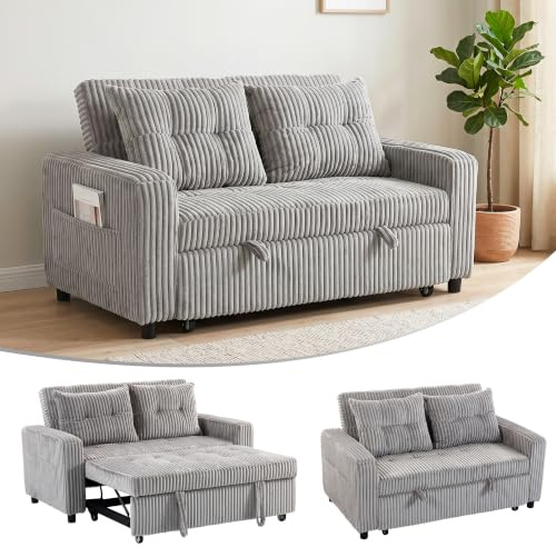 HOMCOM Schlafsofa 2-Sitzer Sofa 157 x 190 cm mit Schlaffunktion Hellgrau | Verstellbare Rückenlehne, mit Kissen, Kordoptik, Seitentasche, für Wohnzimmer