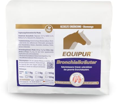 EQUIPUR Erbe bronchiali, 1 kg, mangime complementare per cavalli, con erbe e flavonoidi