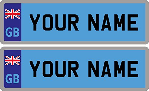 2 x Personalised Self-Adhesive GB Union Jack Flag Blue 14 x 4 cm Number Plate Stickers For Childrens Kids Ride on Car, Bike, Bedroom Doors, Wheelchair, Mobility Scooter by Ellis Graphix