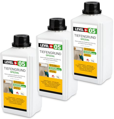 LEVEL PLUS 05 Tiefengrund Spezial 3L, Reaktivgrundierung auf Silikat Polymer Basis, Schnell trocknender Tiefgrund mit Kaliwasserglas, Untergrundverstärkung, Unter Abdichtungssysteme Innen und Aussen