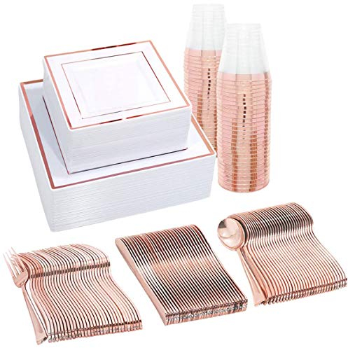 Platos cuadrados de oro rosa para 25 en ocasiones especiales, 150 piezas de vajilla de plástico reutilizable para cenas, cumpleaños, día de la madre, fiestas, bodas, Pascua, celebraciones de verano