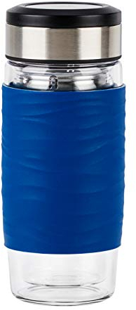 Emsa N20805 Tea Mug Teebecher aus doppelwandigem Glas | 0,4 Liter | herausnehmbares Sieb | BPA-Frei | 100% dicht | auslaufsicher | spülmaschinengeeignet | 360°-Trinköffnung | Blau
