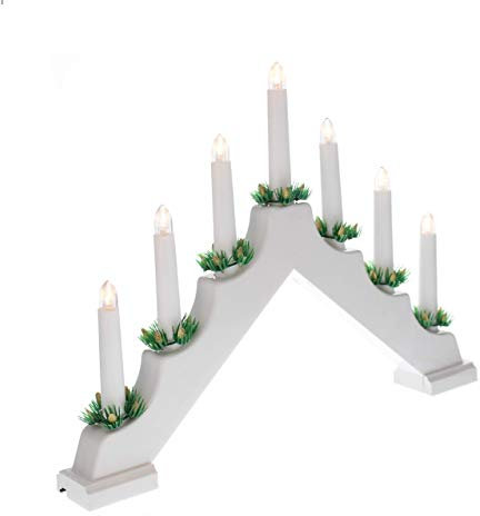 Christmas Static Battery 7 LED White Wood Candle Arch/CANDLELIER/Bridge with Timer