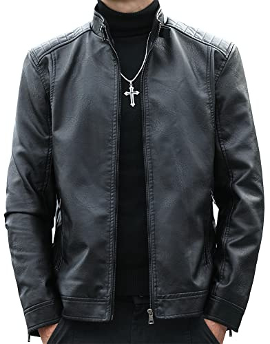Womleys Mens Casual Stand Collar Faux Leather Jacket Biker Motorcycle Jackets (Black, Medium)