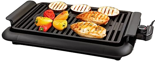 OVENTE Electric Indoor Grill with 15x10 Inch Non-Stick Cooking Surface, 1200W Fast Heat Up Power, Adjustable Temperature, Removable and Dishwasher Safe Grilling Plate and Drip Tray, Black GD1510NLB