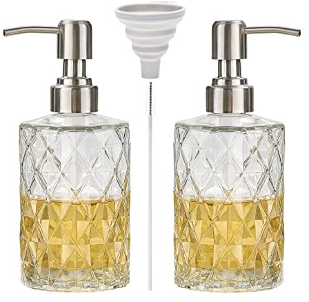 Easy-Tang 2 Pack Clear Glass Hand Soap Dispenser with Stainless Steel Pump, Refillable for Bathroom & Kitchen (Silver)