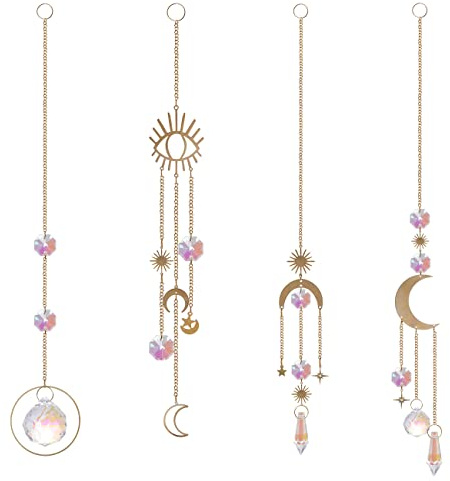 4 Stück Sonnenfänger Kristall Mond Windspiel Anhänger Mond Sonnenfänger | Regenbogen Kristalle Anhänger, Kristall Sonnenfänger Fenster Windspiel Hanging Ornament für Garten Wand Deko