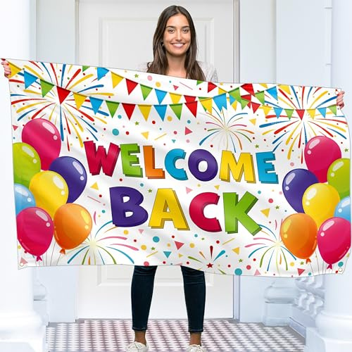 Willkommen Zurück Banner 150 x 90 cm – Herzlich Willkommen Girlande – Willkommen Zuhause Deko – Lebendiger Digitaldruck – 110 Den Polyester – Doppelnaht (Weiß)