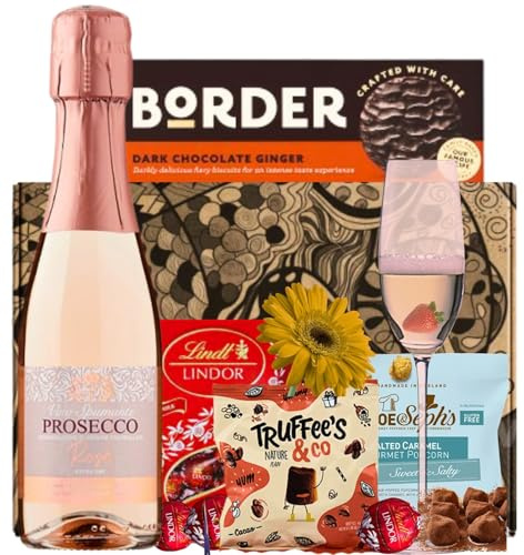 Prosecco Pink Rose Wine with Assorted Chocolates Hamper Bundle Gift - Ideal Christmas Giftset for Women