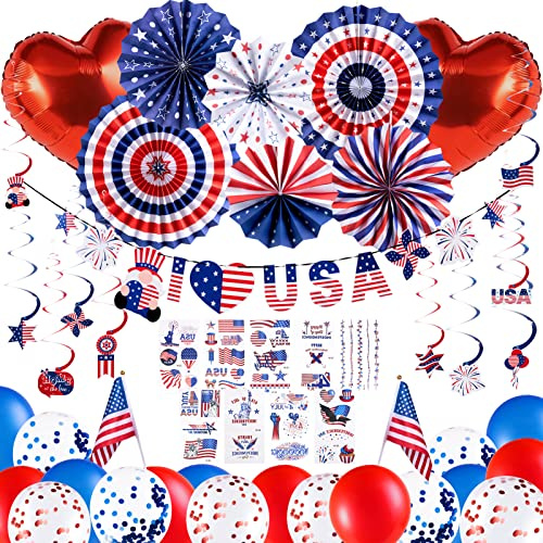 EASY JOY Unabhängigkeitstag Party Supplies, Ballon Papierfächer Fans Tattoo-Aufkleber Girlande Banner USA Flagge 4. Juli für Amerika Party, USA Deko, Abschiedsparty Deko