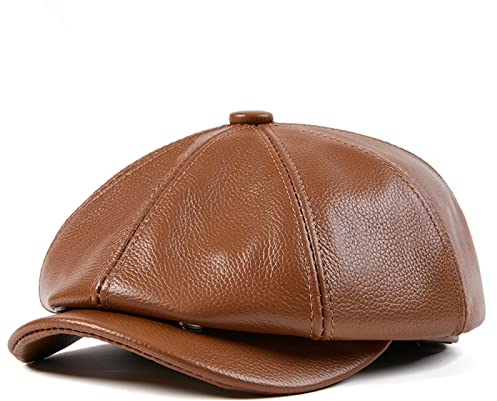 tcax Schiebermütze Herren Leder Newsboy Schirmmütze Herren Hochwertiger Achteckiger Hut Herbst Winter Baskenmütze Schiebermütze,Braun,57-58Cm