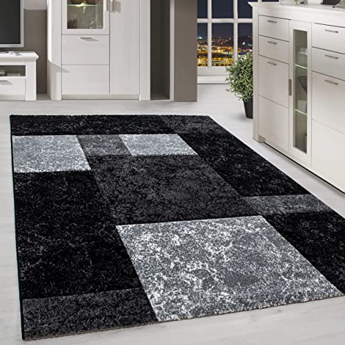 HomebyHome Teppich 140x200 cm Kurzflor Konturenschnitt in Schwarz Grau Weiß Kariertes Design, Waschbar, Pflegeleicht, Extra Weich Für Wohnzimmer, Schlafzimmer, Esszimmer