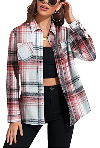 Deer Lady Chemise à carreaux en flanelle décontractée boutonnée pour femme - Manches longues, Z-427-rose blanc, Taille L