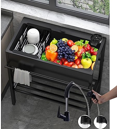 DOSSAE Industrie-Garagenspüle,Mobiles Kommerziell Küche Spültisch,Schwarz Freistehende Küchenspüle,Verstellbaren Füßen,mit Schlauchanschluß Waschtisch,für Garage,Restaurant. (Size : Stretched)